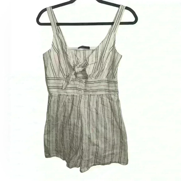 Bershka Striped Romper Keyhole Front Tie Knot Size L  Linen - Picture 1 of 5